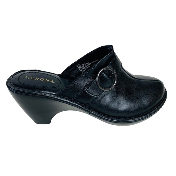 Merona Black Leather Slip-On Wedge Clogs Womens Size 9.5 Featuring Buckle Detail - Picture 1 of 14